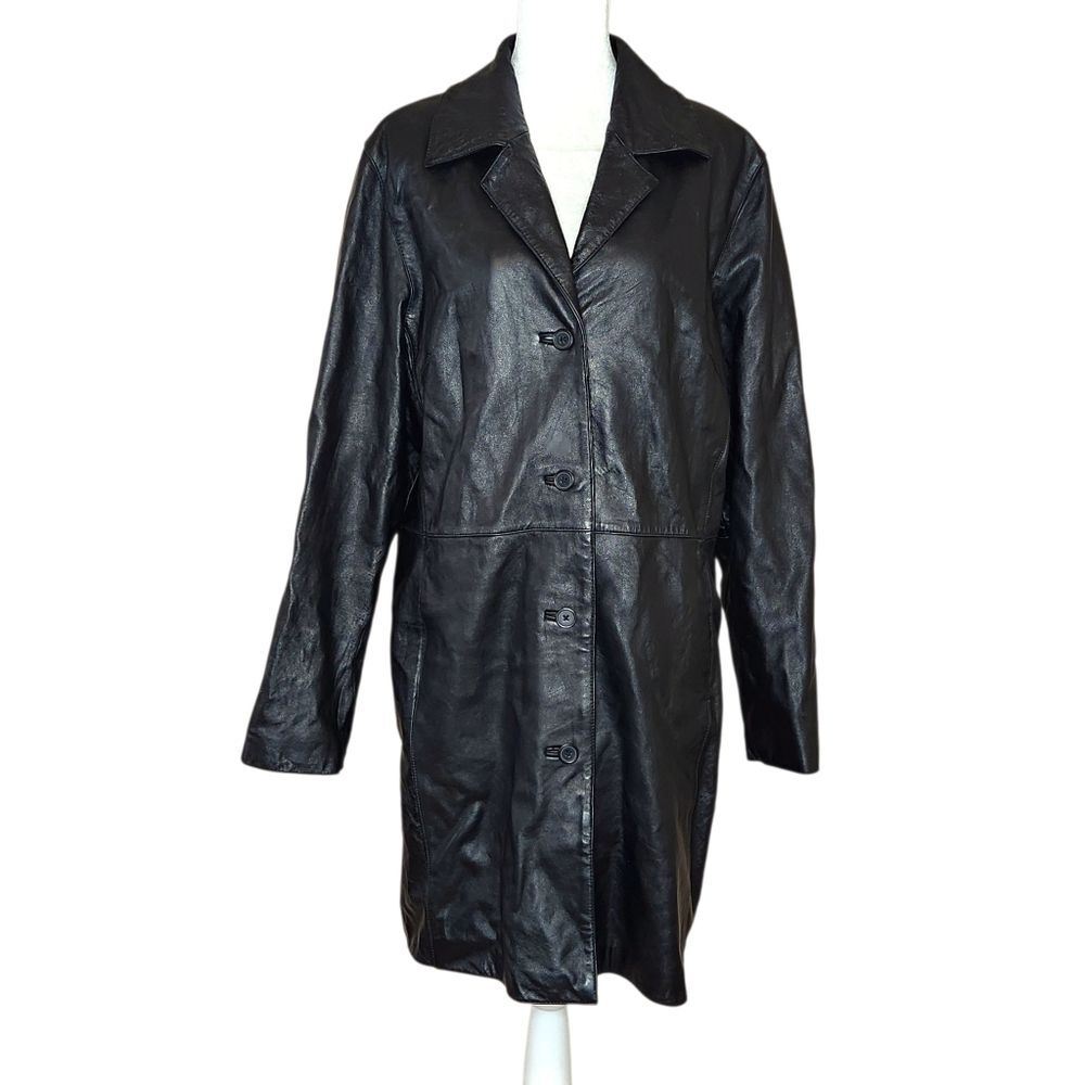 Vintage Charles Klein 90s Black Leather Longline Coat Women's Large Trench Goth